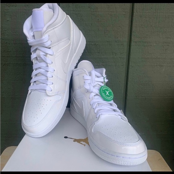 Jordan Other - Air Jordan 1 Mid Triple White Patent Swoosh BQ6472-100 Women’s Size 11 Mens 9.5